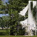 Outdoor Photo Check in Spot With White Arch Green Vines Purple Flowers And Lawn Trees