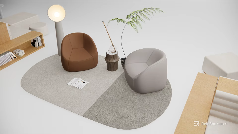 Brown and Gray Single Sofa on Round Rug with Floor Lamp Potted Plant Side Table 3d model 