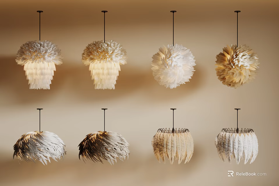 Various Styles of Feather Chandeliers in Neutral Tones Displayed on Beige Wall 3d model 