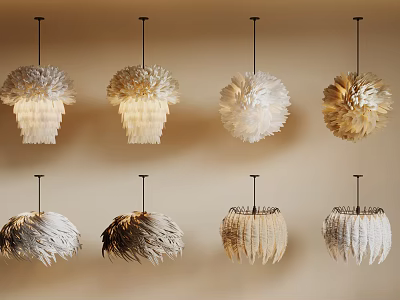 Various Styles of Feather Chandeliers in Neutral Tones Displayed on Beige Wall 3d model