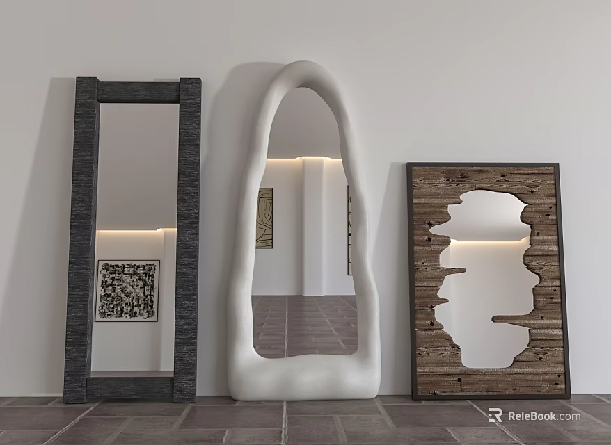 Various Designed Mirrors With Black White And Wooden Frames In Indoor Space 3d model 