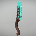 Fantasy Weapon Design with Wooden Hilt Leaf Shaped Accents and Blue Crystal Blade