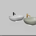 Modern Oval White And Light Grey Washbasins With Black And Golden Faucets