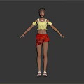Woman in yellow off shoulder top and red short skirt arms outstretched white background