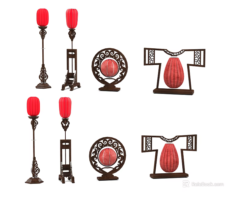 Various Traditional Design Floor Lamps With Red Lampshades And Decorative Bases 3d model 