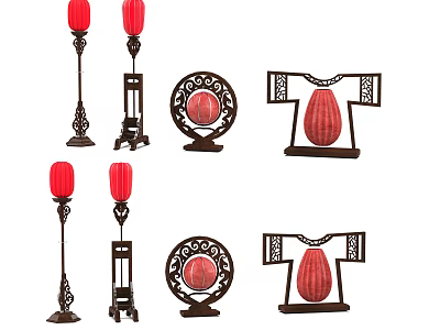 Various Traditional Design Floor Lamps With Red Lampshades And Decorative Bases 3d model