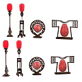 Various Traditional Design Floor Lamps With Red Lampshades And Decorative Bases