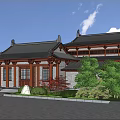 Ancient Chinese Architecture With Traditional Roof Overhanging Eaves Wooden Structure And Garden Landscaping