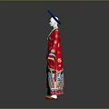 Traditional Red Embroidered Robe Costume With Blue Hat And Colorful Decorative Trim