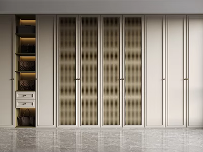 Elegant Modern Wardrobe With Lattice Panel Doors Storage Shelves And Drawers 3d model