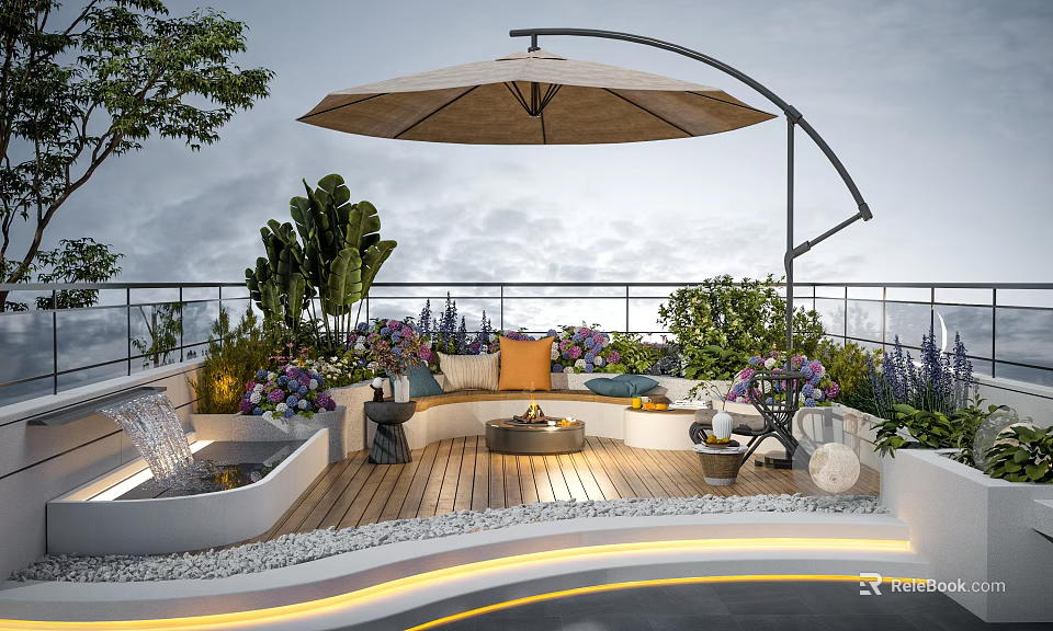 Relaxing Roof Terrace With Curved Umbrella Lush Plants Fire Pit And Water Feature 3d model 