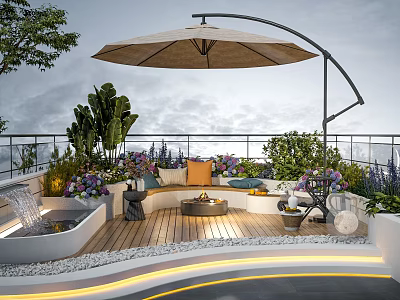 Relaxing Roof Terrace With Curved Umbrella Lush Plants Fire Pit And Water Feature 3d model