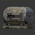 Rusted Metal Tank Model With Green Base And Cylindrical Industrial Design Features