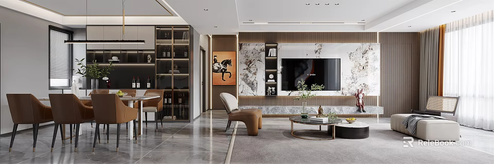 Modern Living Dining Room Interior With TV Wall Sofa Coffee Table Dining Set And Artwork 3d model