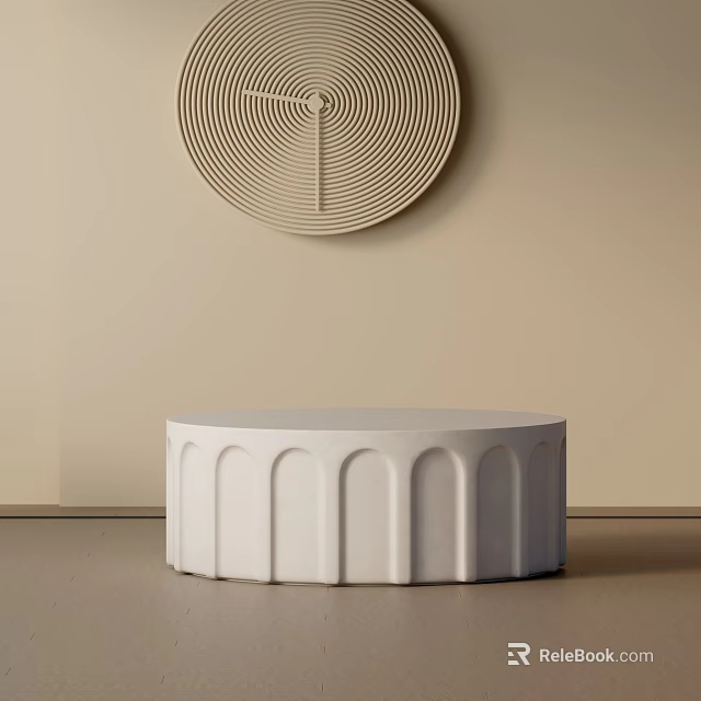 Sofa And Coffee Table Set Featuring White Round Table Arched Grooves And Circular Wall Art 3d model