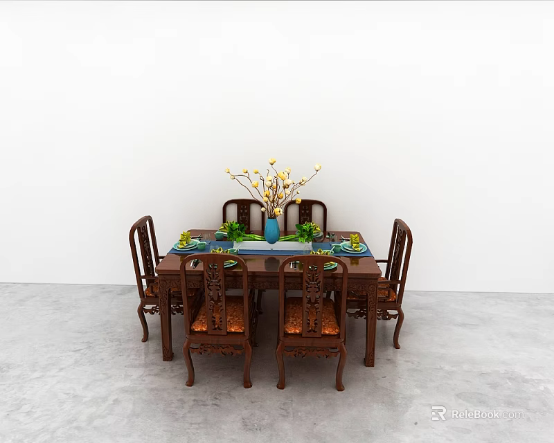 Classic Wooden Dining Table Set With Six Chairs Blue Vase Yellow Flowers And Green Plates 3d model 