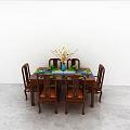 Classic Wooden Dining Table Set With Six Chairs Blue Vase Yellow Flowers And Green Plates