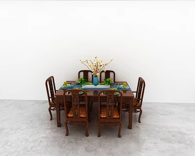 Classic Wooden Dining Table Set With Six Chairs Blue Vase Yellow Flowers And Green Plates 3d model