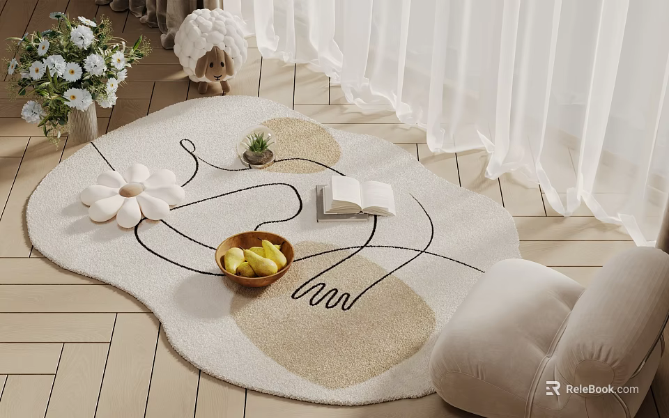 Soft Square Rug With Neutral Tones Modern Abstract Pattern Decorative Items On Wooden Floor 3d model 