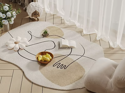Soft Square Rug With Neutral Tones Modern Abstract Pattern Decorative Items On Wooden Floor 3d model