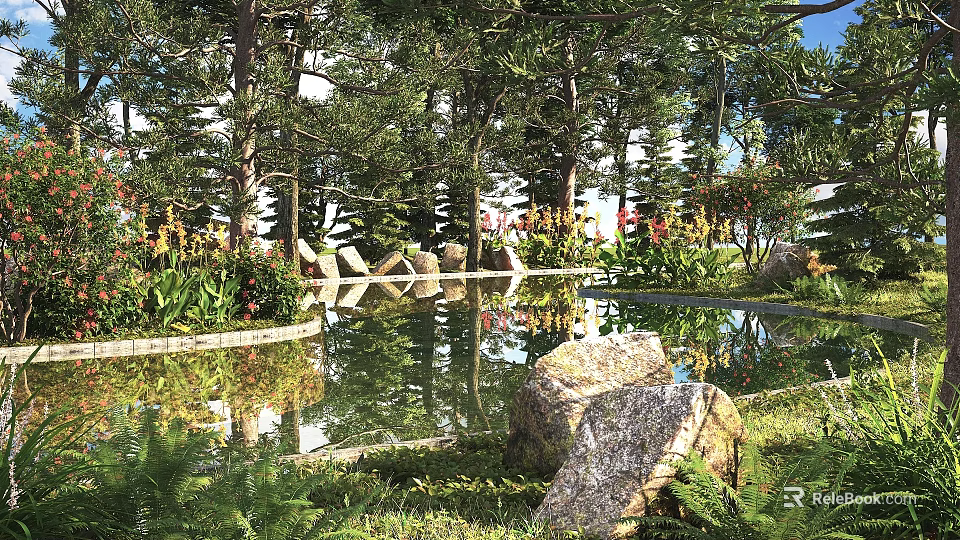 Scenic Garden View With Tall Trees Pond Reflections Large Rocks And Colorful Flowers 3d model 