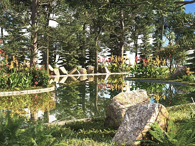 Scenic Garden View With Tall Trees Pond Reflections Large Rocks And Colorful Flowers 3d model