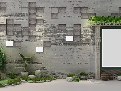 Garden Ornaments Featuring Square Patterned Wall Green Plants Pebbles And Vines 3d model