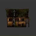 Wooden House Featuring Mossy Roof Chimney Lit Windows Arched Porch and Rustic Design