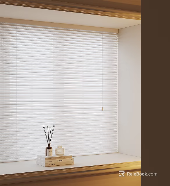 White Venetian Blinds In Modern Interior With Window Sill Scented Diffuser And Decorative Items 3d model