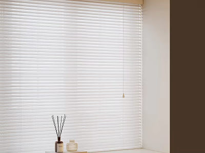 White Venetian Blinds In Modern Interior With Window Sill Scented Diffuser And Decorative Items 3d model