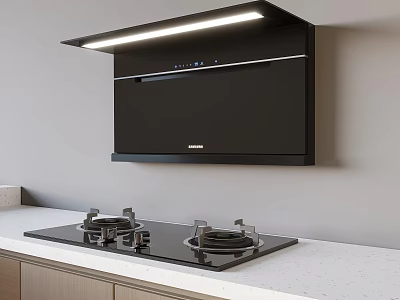 Sleek Black Kitchen Appliances Range Hood Above Gas Stove On White Countertop 3d model