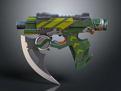 Futuristic Sci Fi Weapon With Green Yellow Design And Sickle Blade 3d model