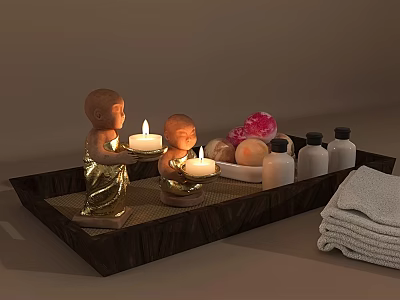 Perfume Cosmetics On Wooden Tray With Golden Figurines Lit Candles Pink Petals Bottles And Towel 3d model