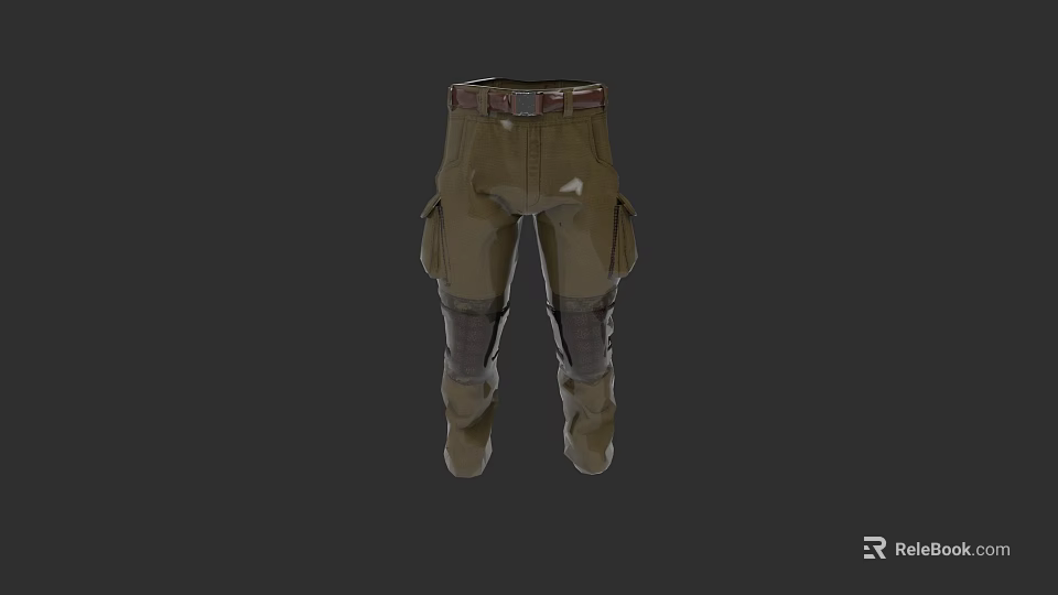 Military Green Cargo Pants with Belt Multiple Pockets and Knee Pads Design 3d model 