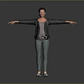 A woman with arms outstretched wearing black leather jacket gray t-shirt green pants white sneakers
