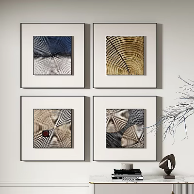 Four Framed Wall Art With Circular Spiral Patterns In Blue Gold Brown Tones 3d model