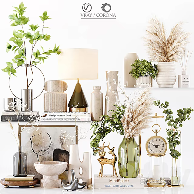 Elegant Ornamental Decor Set with Green Plants Table Lamp Vases Books and Clock on Shelf 3d model 