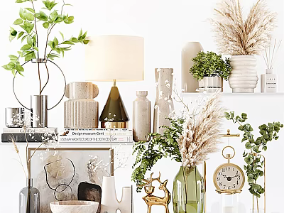 Elegant Ornamental Decor Set with Green Plants Table Lamp Vases Books and Clock on Shelf 3d model
