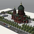 Historic Russian Church With Green Domes Golden Spires And Red Brick Walls