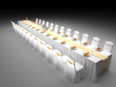 Elegant Banquet Table Setup With White Tablecloth Yellow Sashes And White Chairs 3d model