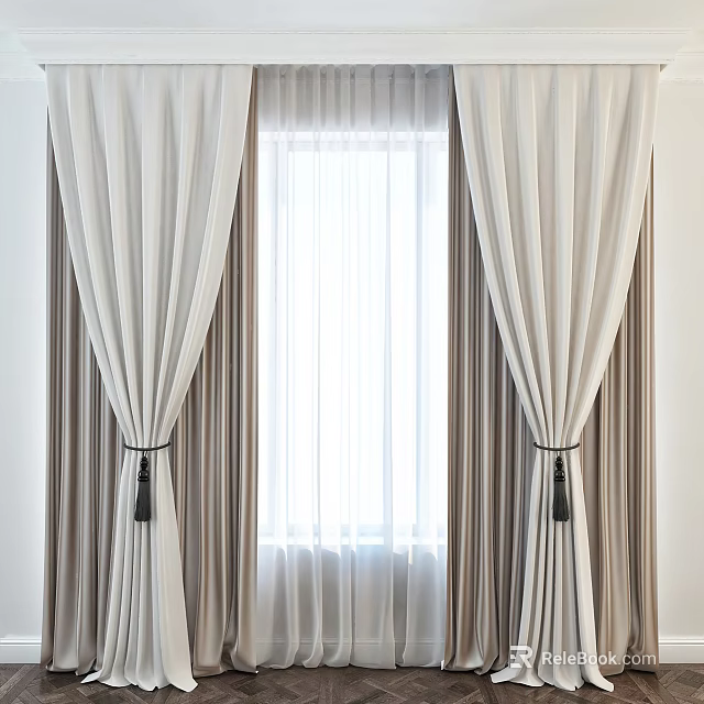 Beige And White Layered Curtains With Black Tiebacks Modern Interior Design 3d model 