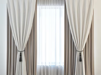 Beige And White Layered Curtains With Black Tiebacks Modern Interior Design 3d model
