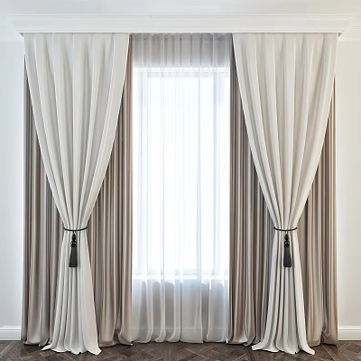 Beige And White Layered Curtains With Black Tiebacks Modern Interior Design 3d model