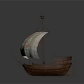 Ancient Wooden Sailing Ship Water Vessel With White Sail And Decorative Pattern