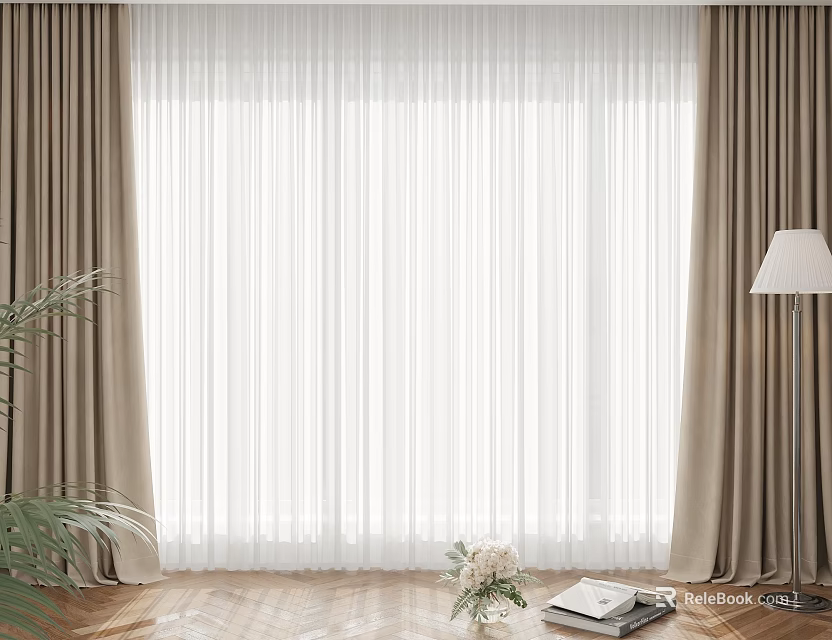 Beige And White Double Layer Curtains With Sheer Inner For Window Natural Light 3d model 