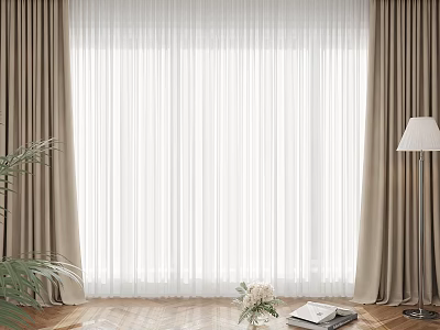 Beige And White Double Layer Curtains With Sheer Inner For Window Natural Light 3d model