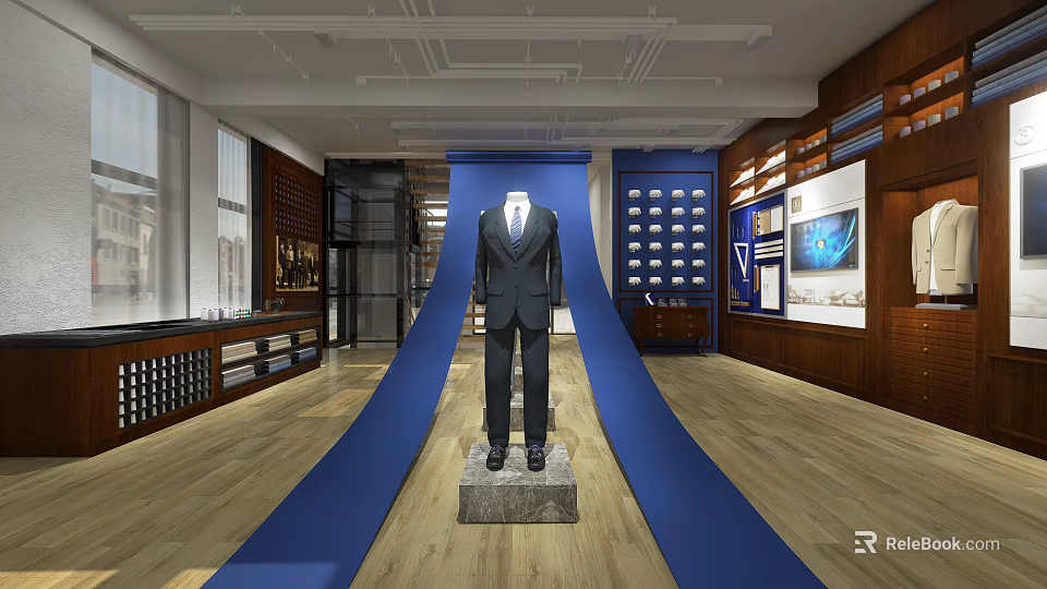 Men's Clothing Store Interior With Displayed Suit Blue Carpet And Wooden Floors 3d model 