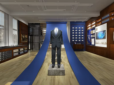 Men's Clothing Store Interior With Displayed Suit Blue Carpet And Wooden Floors 3d model