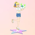 Blonde Woman With Ponytail And Blue Bow Holding White Plush Toy In Pink Background