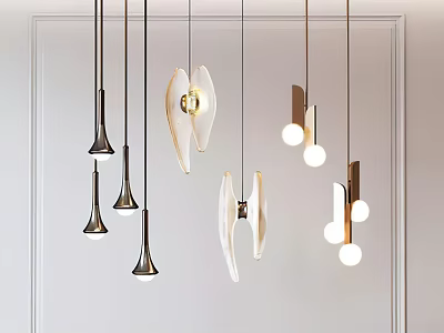 Modern Minimalist Pendant Lights In Interior Space With Various Metal Frames And White Shades 3d model